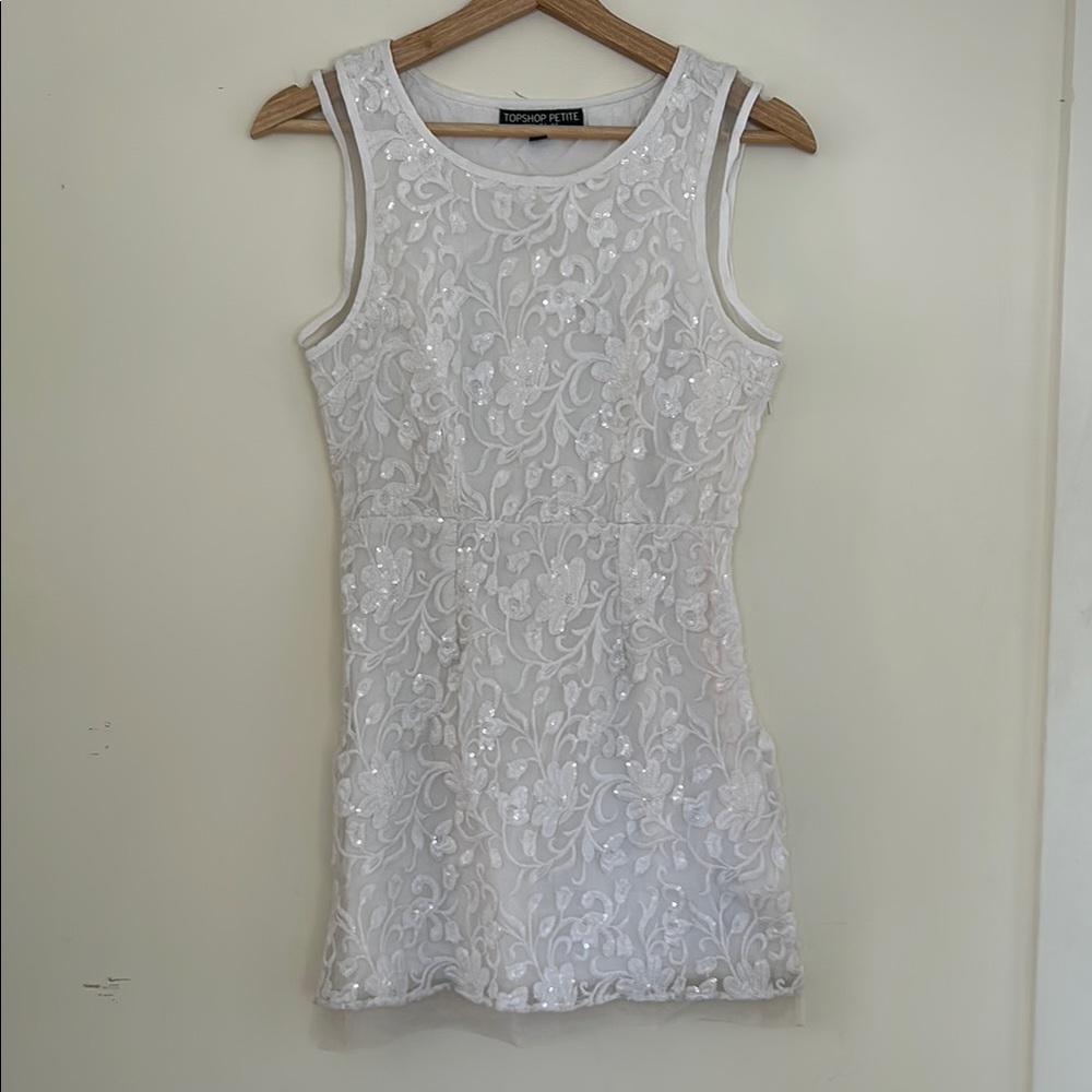 Topshop White Floral Sequin Lace Embroidered Dress / Size 4 Petite